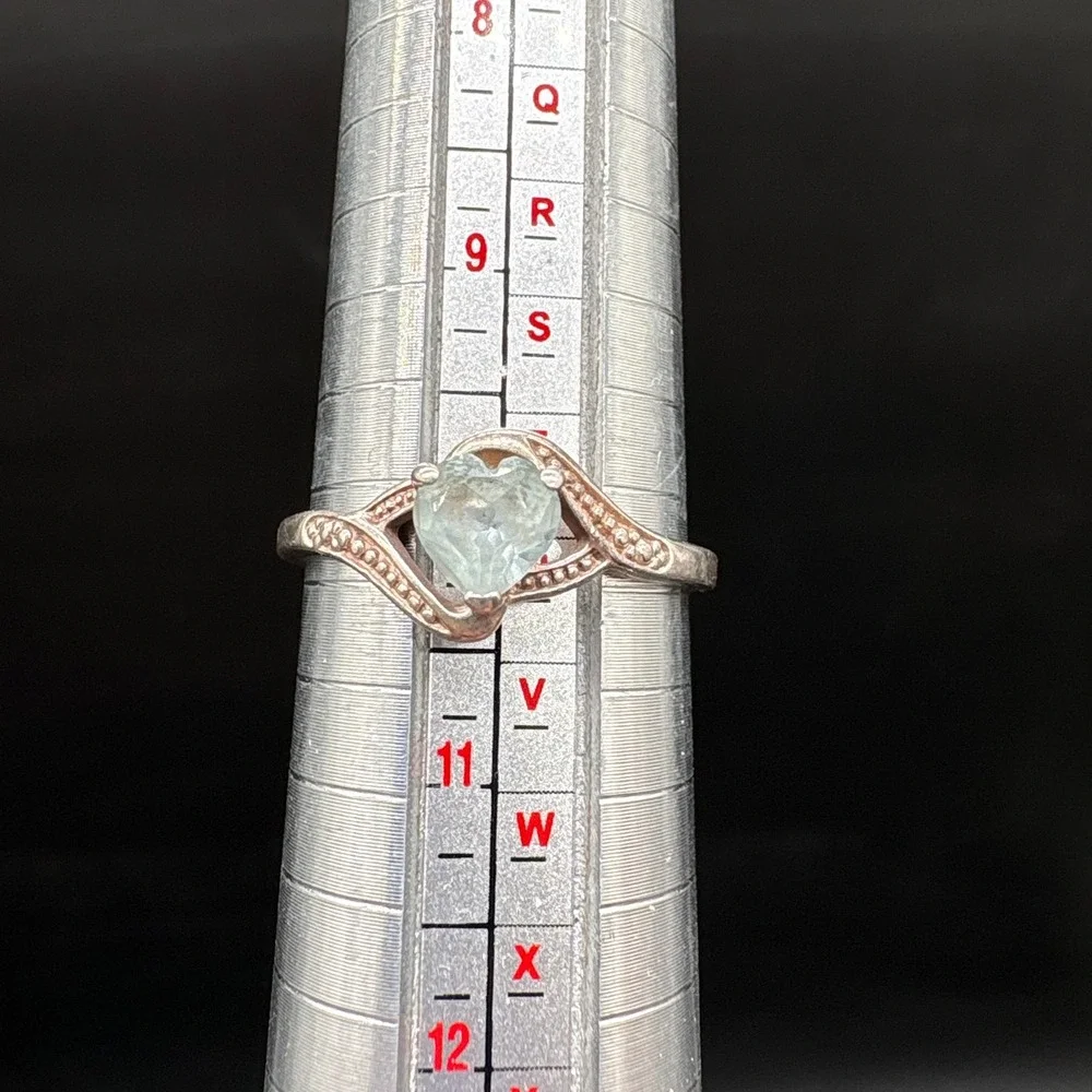 RJ Heart Stone Ring Womens Size 10 Silver Good Bypass Milgrain Light Blue Stone
